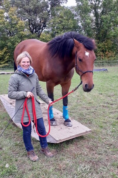 Yvonne Stanger, Trainerin der Horsemanship Academy steht neben ihrem braunen Pferd, dass auf einer Wippe steht